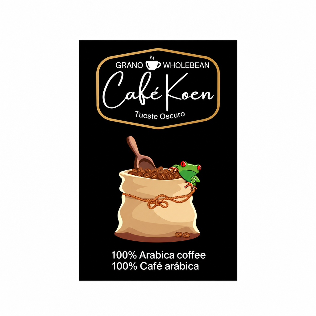 Etiqueta Café Koen Blend Grano centrada con borde blanco amplio