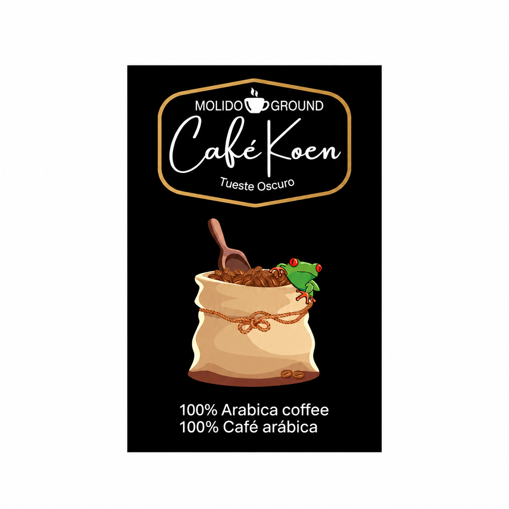 Etiqueta Café Koen Blend Molido centrada con borde blanco amplio